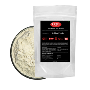 Patil Foods pure Imli Beej powder in transparent pouch showing finely ground tamarind seed powder texture