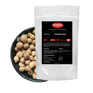 Standup pouch with bowl of Putrajivak seeds showing natural whole herbal product