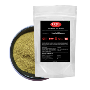 Standup pouch with bowl of Daruhaldi powder showing natural herbal product