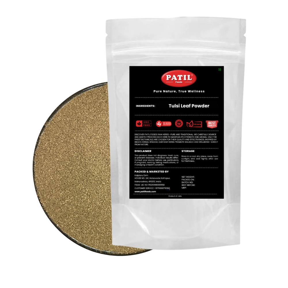 Standup pouch with bowl of Tulsi leaves powder showing natural herbal product