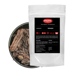 Standup pouch with bowl of Ratanjyot showing natural whole herbal product