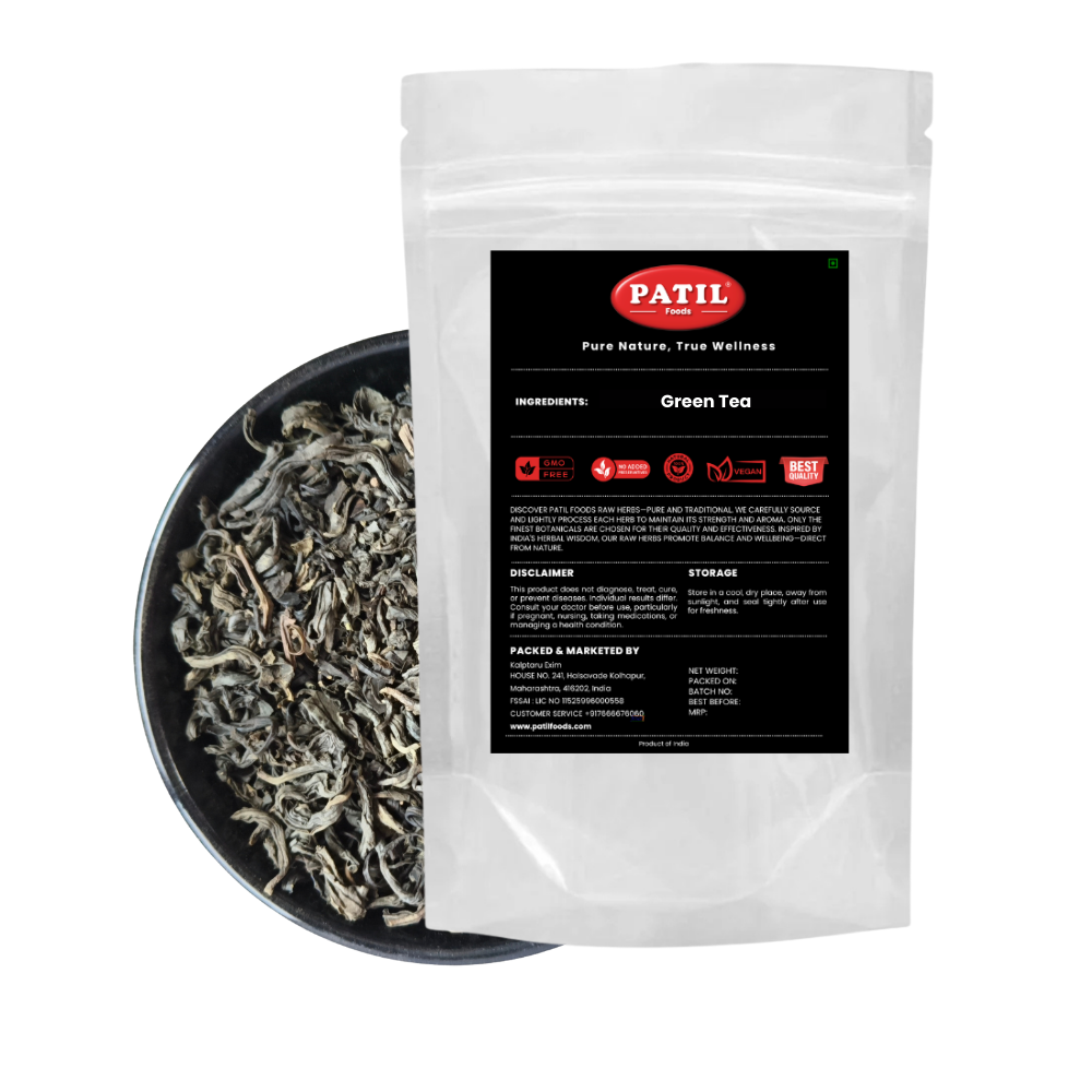Standup pouch with bowl of green tea leaves showing natural whole herbal product