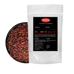 Standup pouch with bowl of Irani methi seeds showing natural whole fenugreek seeds