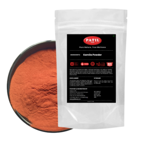 Standup pouch with bowl of Kamila powder showing natural red herbal powder