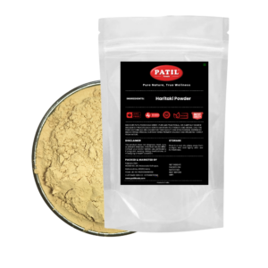 Standup pouch with bowl of Haritaki powder showing natural herbal product