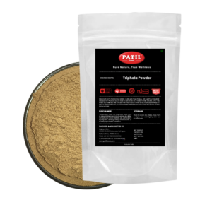 Standup pouch with bowl of Triphala churna showing natural herbal powder blend