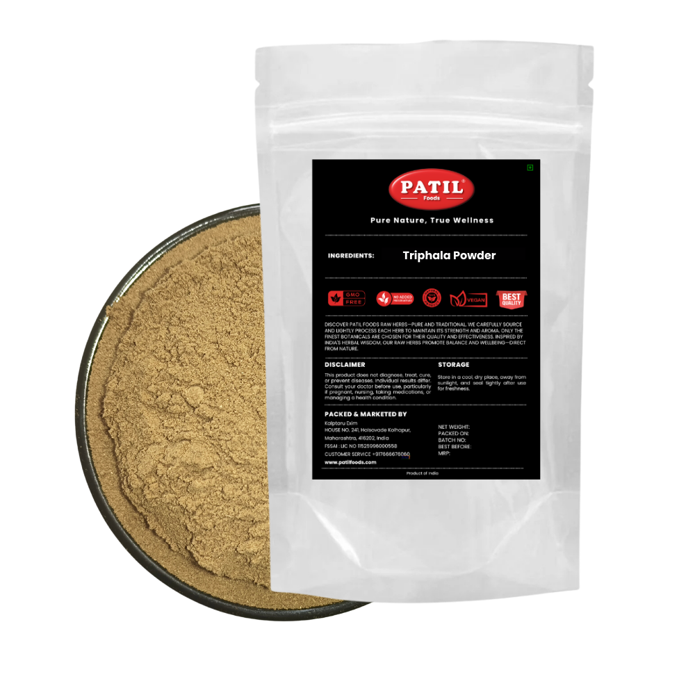 Standup pouch with bowl of Triphala churna showing natural herbal powder blend