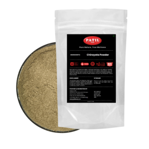 Standup pouch with bowl of Chiraita powder showing natural herbal product