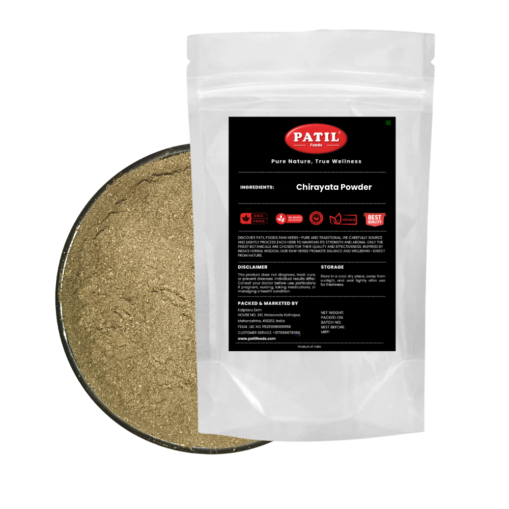 Standup pouch with bowl of Chiraita powder showing natural herbal product