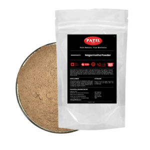 Standup pouch with bowl of Nagarmotha powder showing natural herbal product