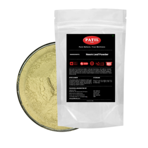 Standup pouch with bowl of neem leaves powder showing natural herbal product