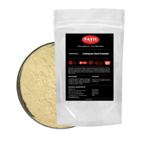 Standup pouch with bowl of Indrayan root powder showing natural herbal product