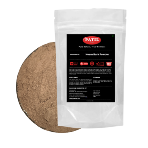 Standup pouch with bowl of neem bark powder showing natural herbal product