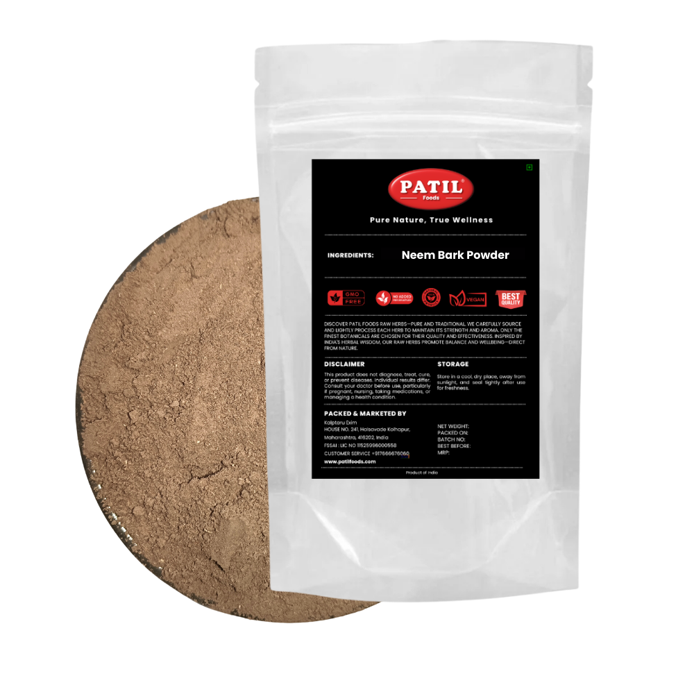 Standup pouch with bowl of neem bark powder showing natural herbal product