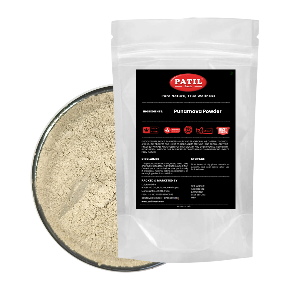 Standup pouch with bowl of Punarnava powder showing natural herbal product