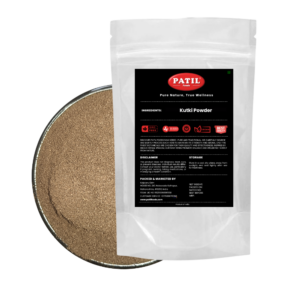 Standup pouch with bowl of Kutki powder showing natural herbal product