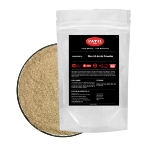 Standup pouch with bowl of Bhumi Amla powder showing natural herbal product