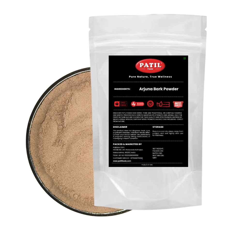 Standup pouch with bowl of Arjuna bark powder showing natural herbal product