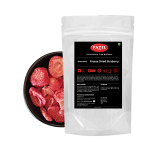 Patil Foods Freeze Dried Strawberry 100g pouch with bowl — natural, no preservatives, FSSAI certified 11525996000558, made in Kolhapur India