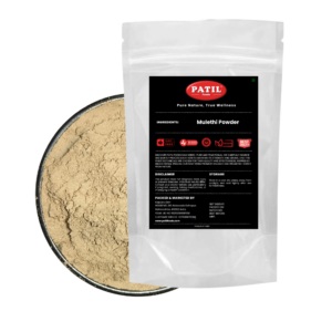 Standup pouch with bowl of Mulethi powder showing natural herbal product