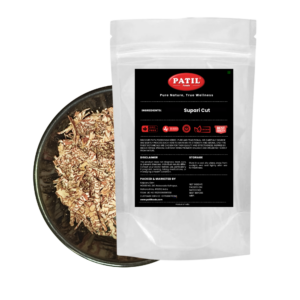 Patil Supari Cut betel nut pieces in a bowl — authentic Indian mouth freshener, FSSAI certified 11525996000558, Maharashtra India, Patil Foods