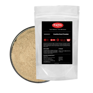 Patil Foods Kusta Powder standup pouch with bowl of pure Costus Root powder — FSSAI certified Ayurvedic herb from Himalayan foothills India