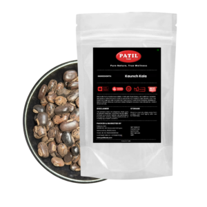 Patil Foods Kaucha Kala Whole Black Mucuna Pruriens Seeds FSSAI certified Ayurvedic herb from India in resealable pouch