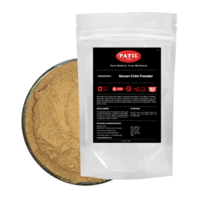 Standup pouch with bowl of Revand Chini powder showing natural herbal product