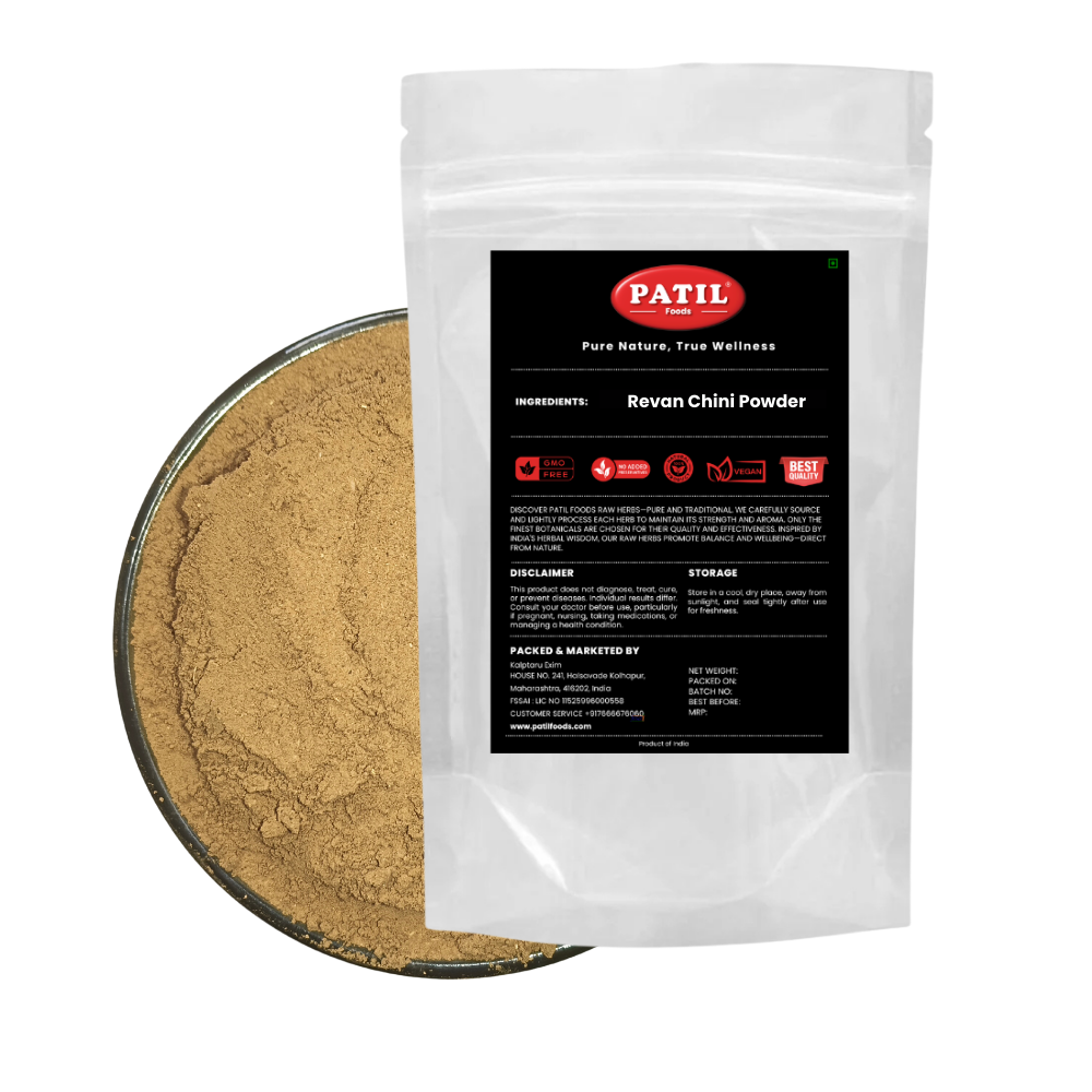 Standup pouch with bowl of Revand Chini powder showing natural herbal product