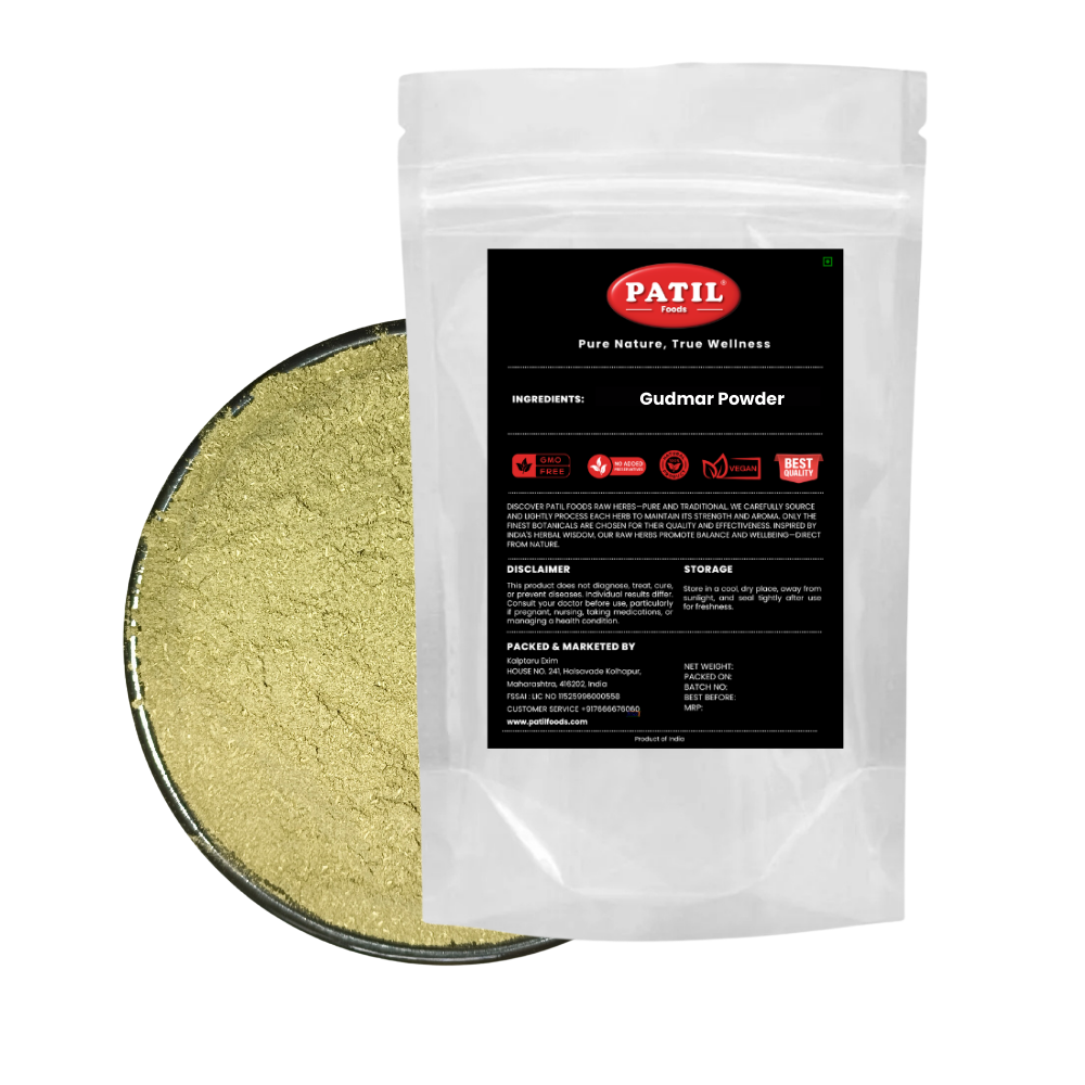 Standup pouch with bowl of Gudmar powder showing natural herbal product