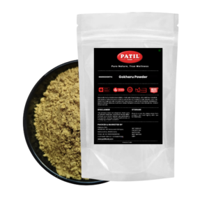 Standup pouch with bowl of Gokhru powder showing natural herbal product