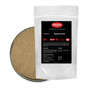 Patil Tagara Powder standup pouch with bowl of pure Valeriana wallichii root powder, FSSAI certified, Kolhapur