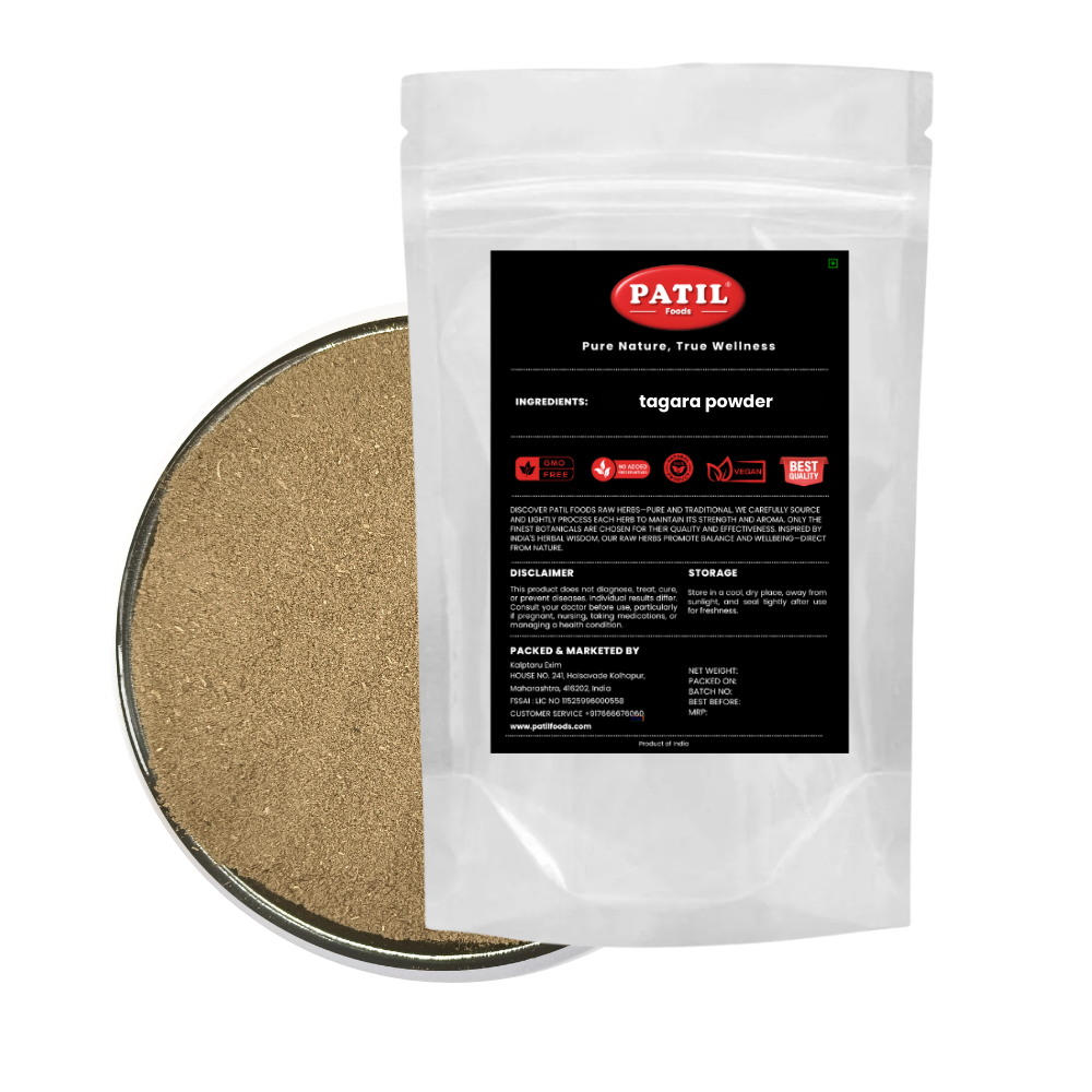 Patil Tagara Powder standup pouch with bowl of pure Valeriana wallichii root powder, FSSAI certified, Kolhapur