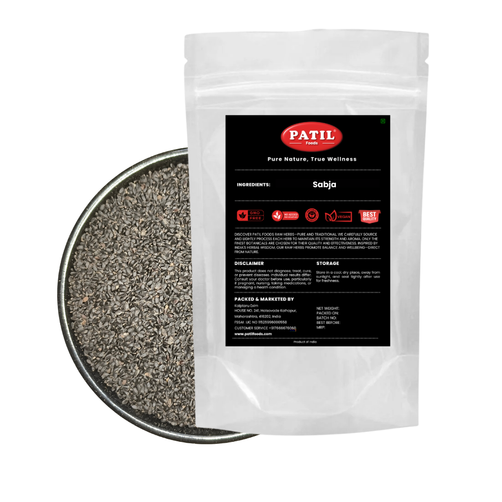 Patil Sabja Seeds (Tukmaria Beej) in standup pouch with bowl of pure black seeds, FSSAI certified Kolhapur