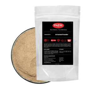 Standup pouch with bowl of Amar Bel powder showing natural herbal product