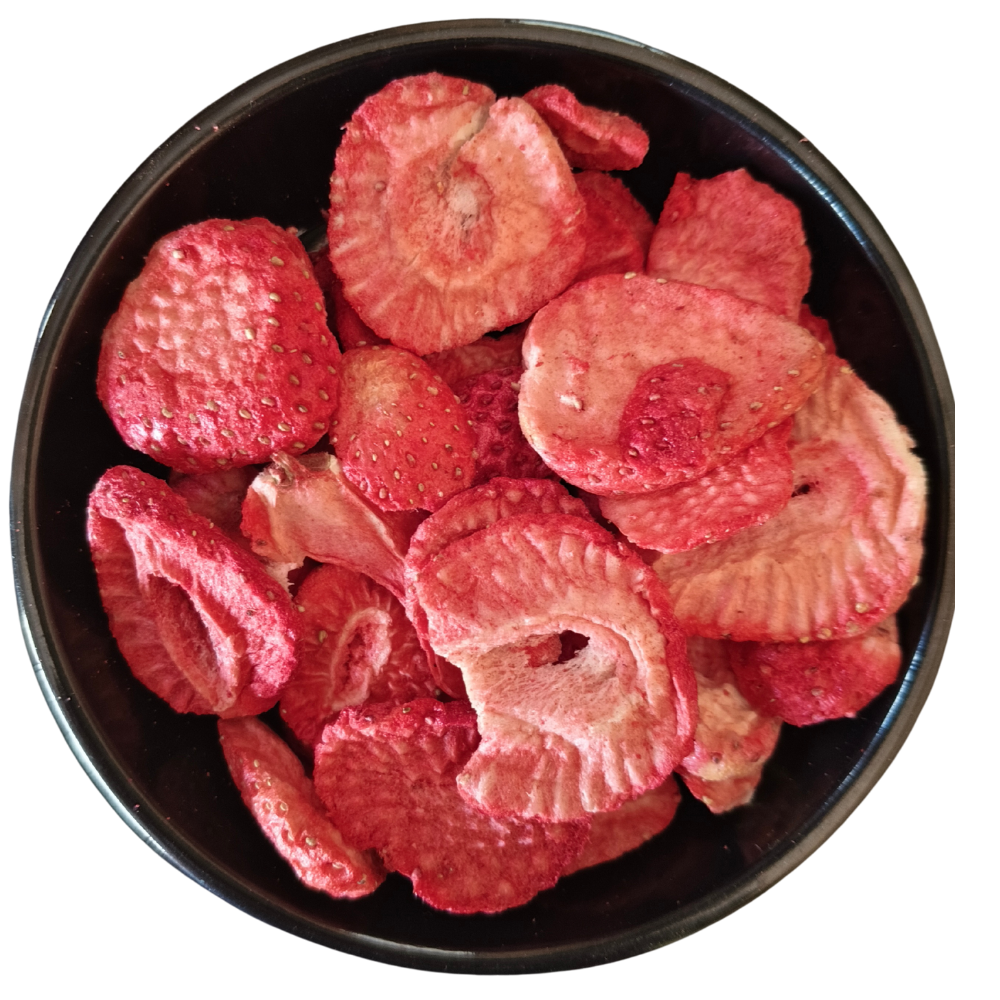 Close-up texture of freeze-dried strawberries showing crispy, porous structure and natural red color, pure quality Patil Foods
