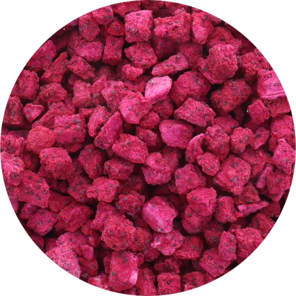 Close-up of freeze-dried dragon fruit texture, vibrant pink colour, pure and crispy slices, Patil Foods quality