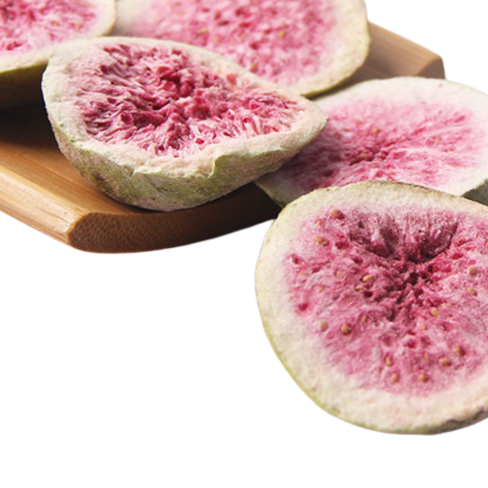 Close-up texture of PATIL Foods freeze-dried figs showing crispy, golden-brown pieces and natural purity