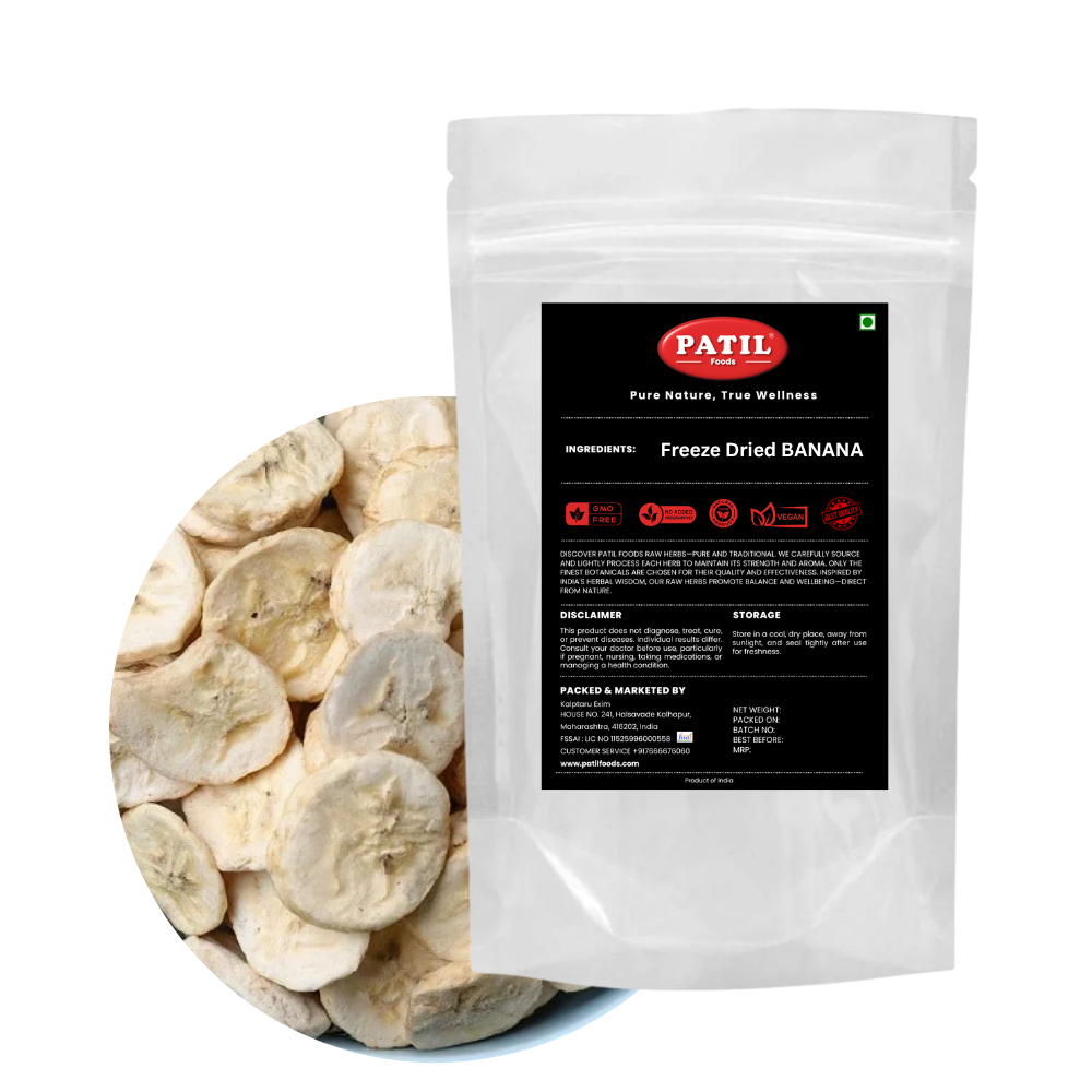 Patil Foods freeze-dried banana slices in standup pouch with bowl of crispy banana pieces, FSSAI certified superfruit snack
