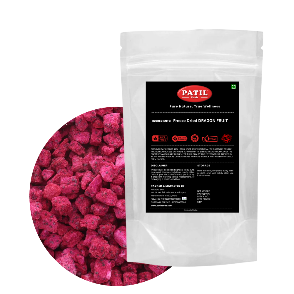 Patil Foods freeze-dried dragon fruit slices in standup pouch with bowl of vibrant pink fruit, FSSAI certified, antioxidant-rich superfood