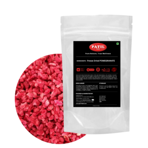 Patil Foods freeze-dried pomegranate arils in standup pouch with bowl of crispy red arils, FSSAI certified Indian superfood