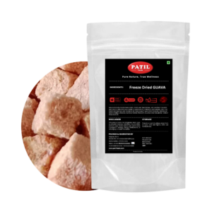 Patil Foods freeze-dried guava chunks in standup pouch with bowl of crispy fruit, FSSAI certified, no preservatives