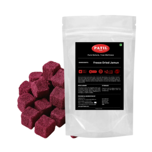 Patil Foods freeze-dried Jamun chunks in standup pouch with bowl of crispy antioxidant-rich fruit, FSSAI certified