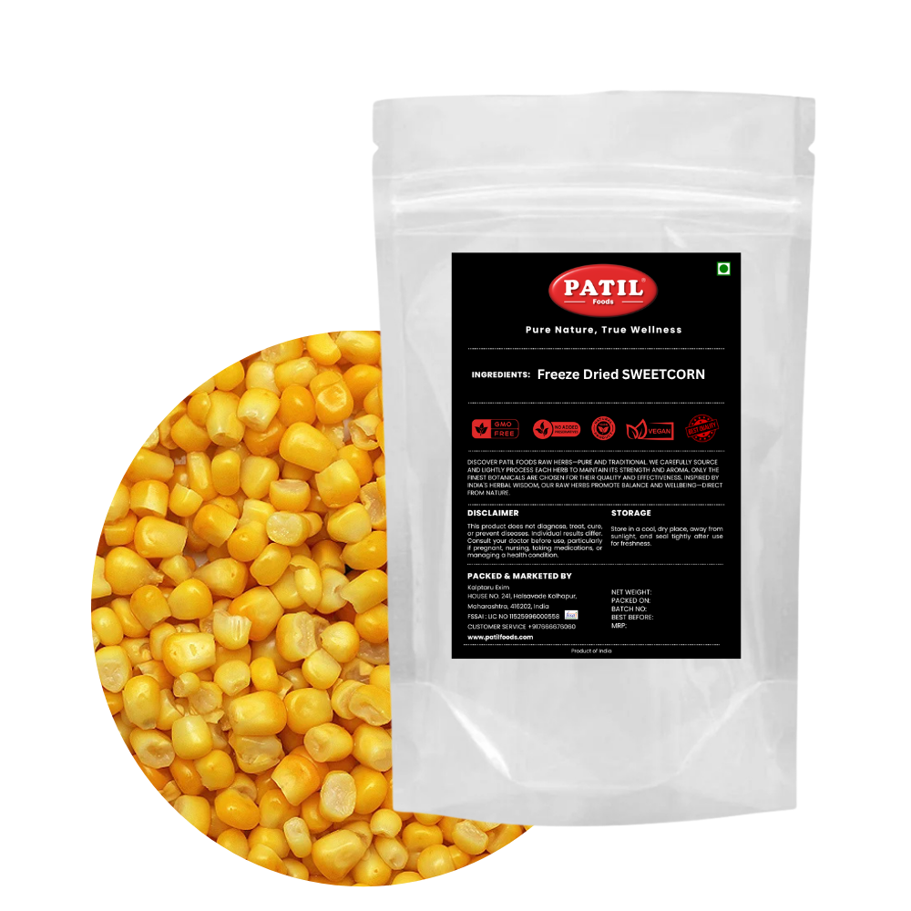 Patil Foods freeze-dried sweet corn chunks in standup pouch with bowl of golden crispy corn, FSSAI certified
