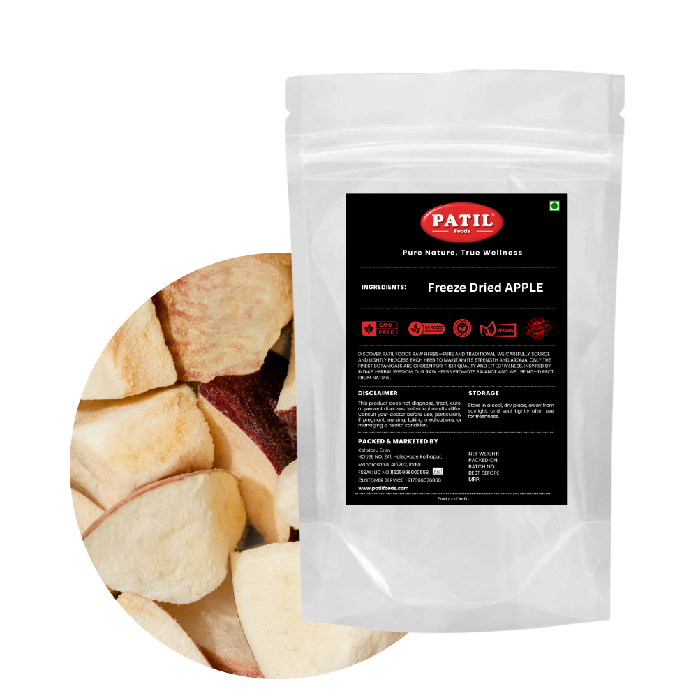 Patil Freeze-Dried Apple Slices in standup pouch and bowl—FSSAI certified, no preservatives, antioxidant-rich superfruit from Kolhapur