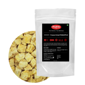 Patil Foods freeze-dried pineapple slices in standup pouch and bowl—FSSAI certified, nutrition-rich superfruit from Kolhapur
