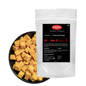 Patil Foods Freeze-Dried Mango Cubes in standup pouch with bowl of golden mango pieces, FSSAI certified natural snack