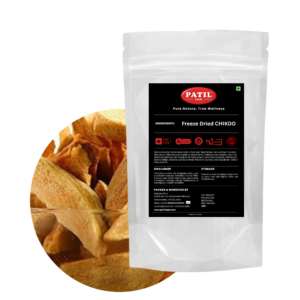 Patil Foods freeze-dried chikoo chips in standup pouch with bowl of crispy chips, FSSAI certified authentic Indian superfruit