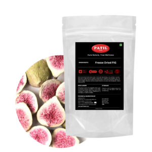 PATIL Foods freeze-dried figs in standup pouch with bowl of crispy fig pieces, FSSAI certified Indian superfruit