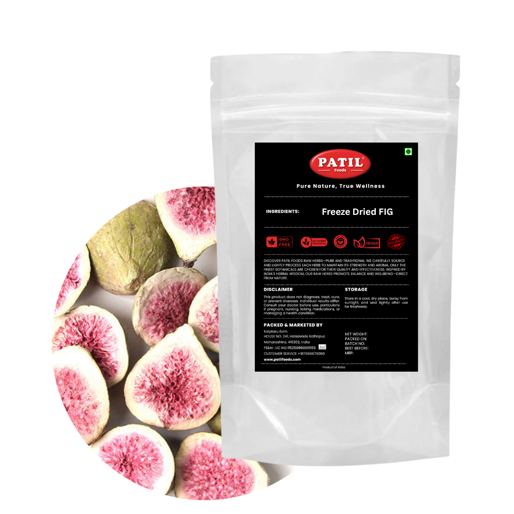 PATIL Foods freeze-dried figs in standup pouch with bowl of crispy fig pieces, FSSAI certified Indian superfruit